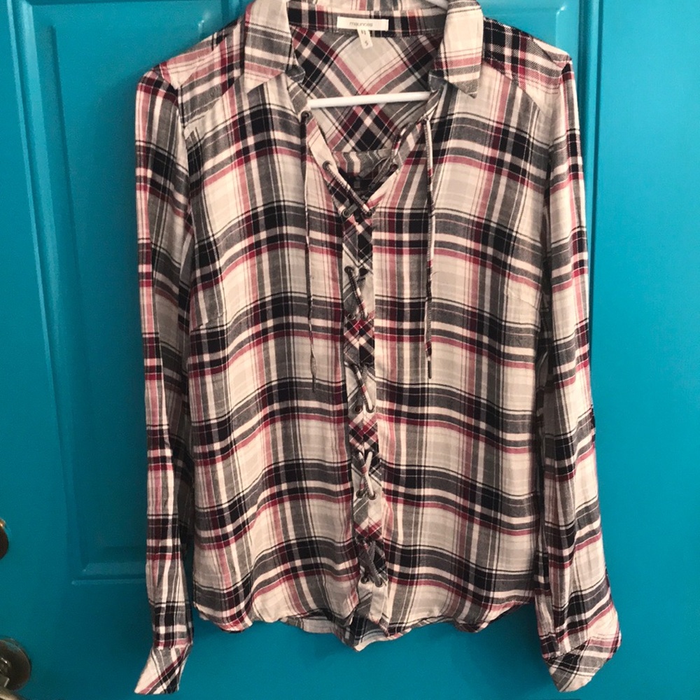 Plaid lace up top